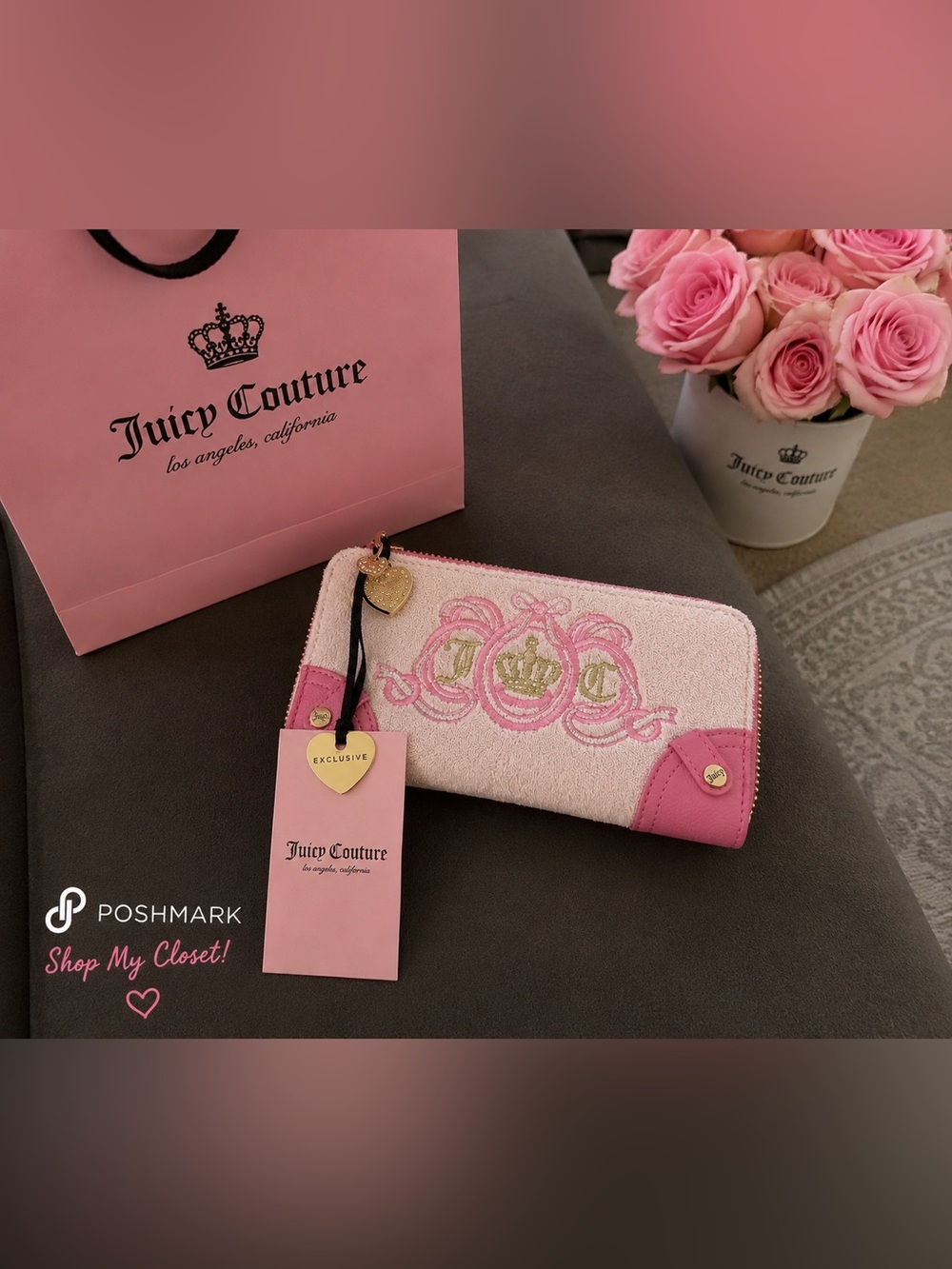 Juicy Couture Pink Embroidered Zip Around Wallet with Gold Charm